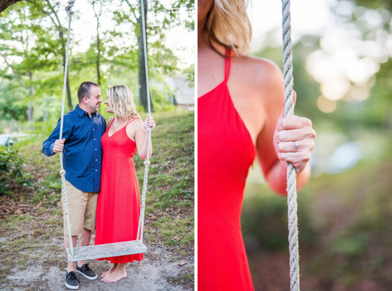 couple on outdoor swing red dress engagement ring Kaitlyn Ferris engaged 