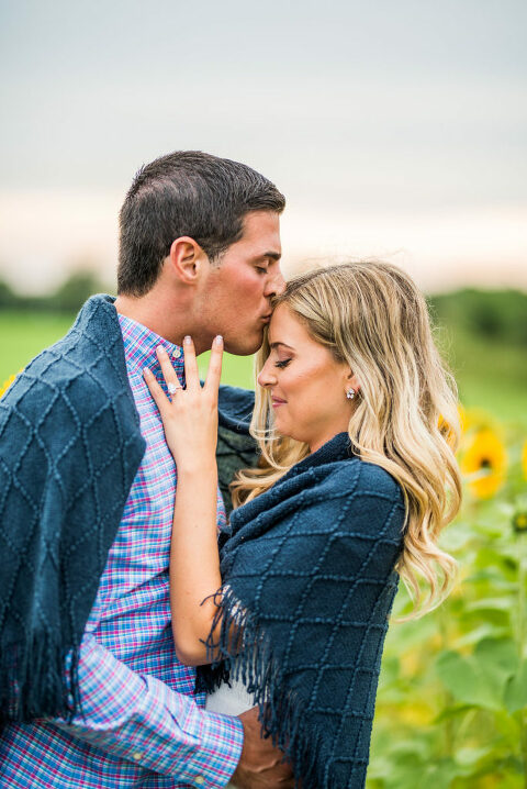 blue blanket sunflower field romantic engagement
