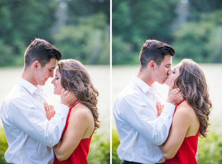 red dress kissing summer engagement