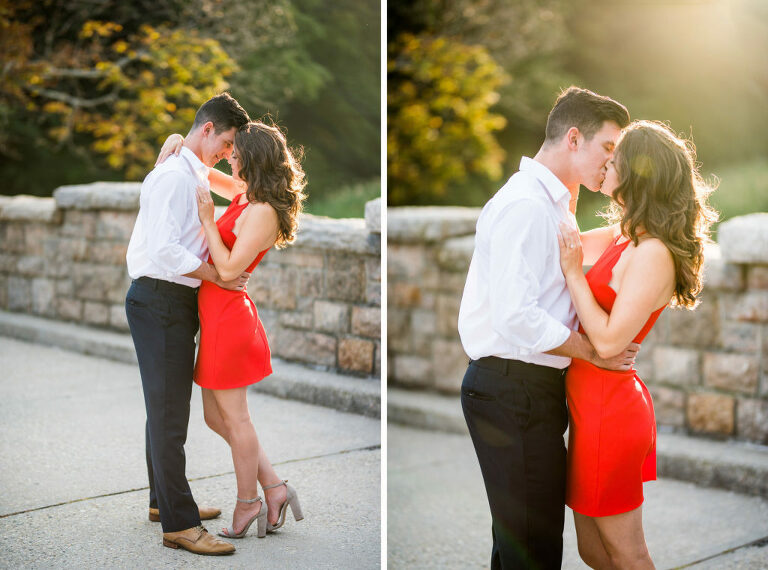 golden hour on stones red dress summer engagement 