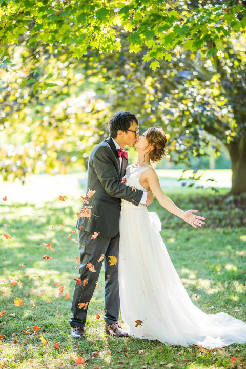 kissing under the falling leaves Kaitlyn Ferris photography garden wedding