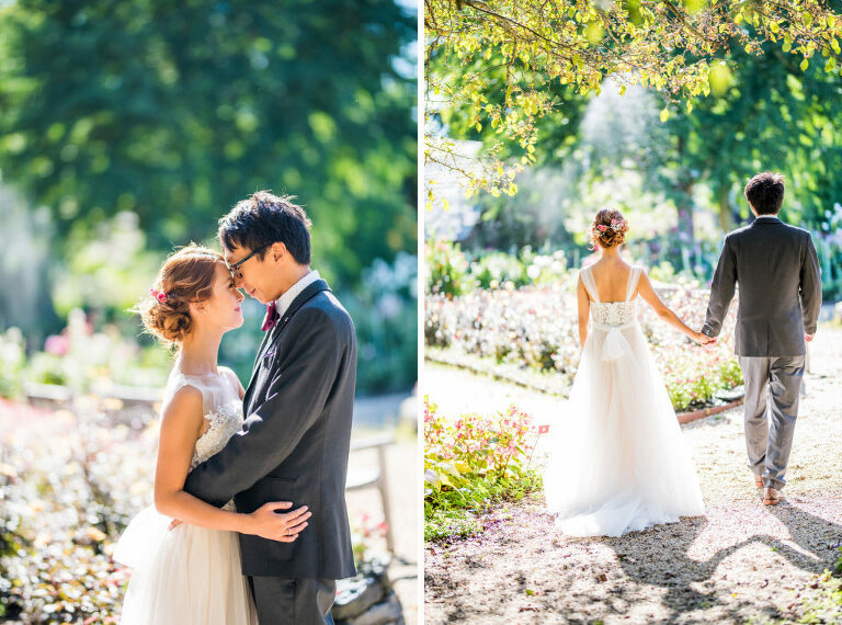 couple walking away garden wedding