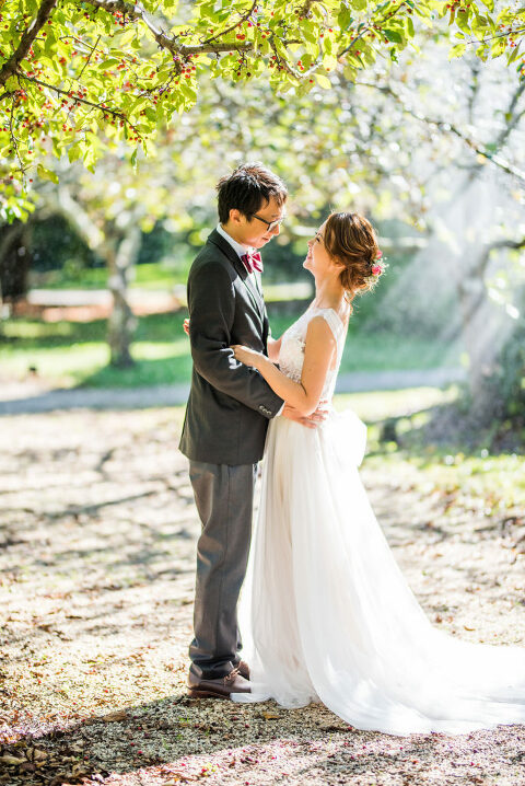 sun streams with couple garden wedding